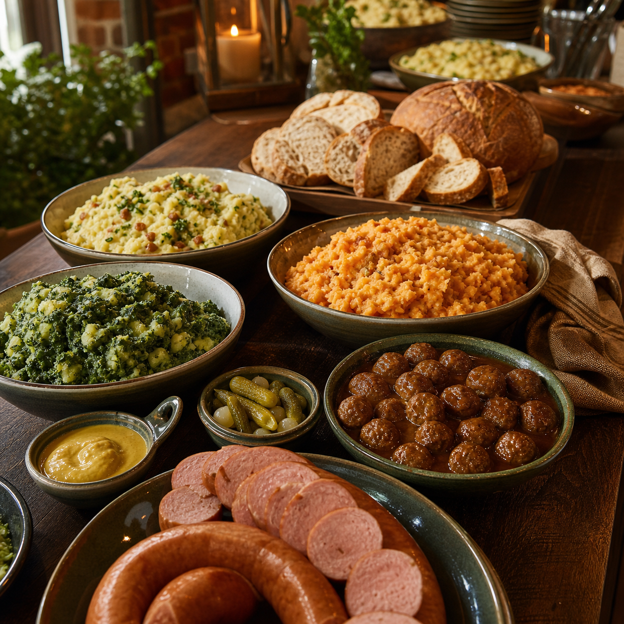 Warm stamppotbuffet met verschillende stamppotten, rookworst, gehaktballen en bijgerechten